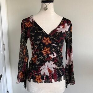 Vintage euro Kappahl black floral print long sleeve top bell sleeves V-neckline